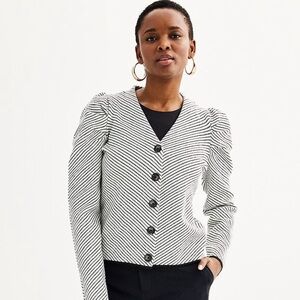 Nine West Women’s Puff Sleeve Cardigan Black White Stripe Small